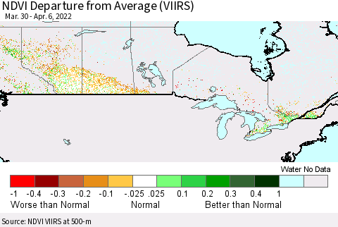Canada NDVI Departure from Average (VIIRS) Thematic Map For 3/30/2022 - 4/6/2022