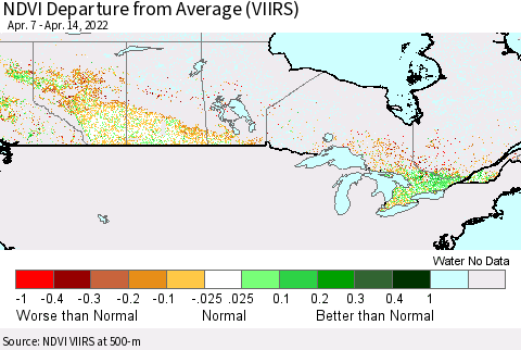 Canada NDVI Departure from Average (VIIRS) Thematic Map For 4/7/2022 - 4/14/2022