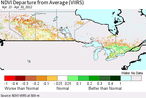 Canada NDVI Departure from Average (VIIRS) Thematic Map For 4/23/2022 - 4/30/2022