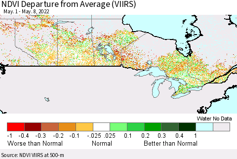 Canada NDVI Departure from Average (VIIRS) Thematic Map For 5/1/2022 - 5/8/2022