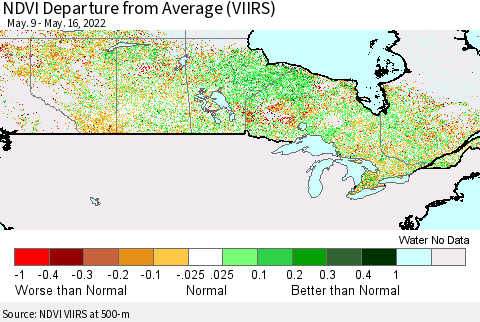 Canada NDVI Departure from Average (VIIRS) Thematic Map For 5/9/2022 - 5/16/2022