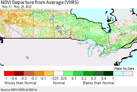 Canada NDVI Departure from Average (VIIRS) Thematic Map For 5/17/2022 - 5/24/2022