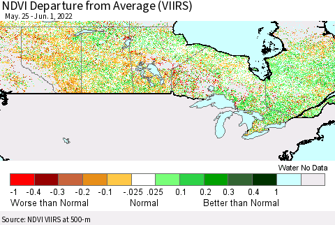 Canada NDVI Departure from Average (VIIRS) Thematic Map For 5/25/2022 - 6/1/2022