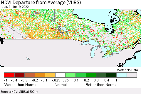 Canada NDVI Departure from Average (VIIRS) Thematic Map For 6/2/2022 - 6/9/2022