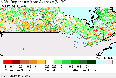 Canada NDVI Departure from Average (VIIRS) Thematic Map For 6/10/2022 - 6/17/2022