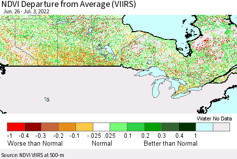 Canada NDVI Departure from Average (VIIRS) Thematic Map For 6/26/2022 - 7/3/2022