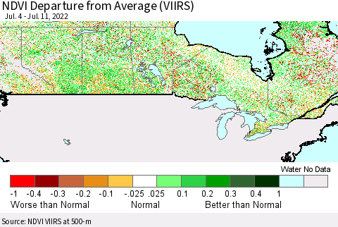 Canada NDVI Departure from Average (VIIRS) Thematic Map For 7/4/2022 - 7/11/2022