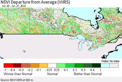 Canada NDVI Departure from Average (VIIRS) Thematic Map For 7/20/2022 - 7/27/2022