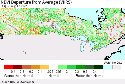 Canada NDVI Departure from Average (VIIRS) Thematic Map For 8/5/2022 - 8/12/2022