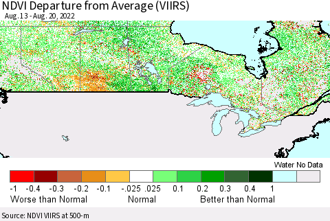 Canada NDVI Departure from Average (VIIRS) Thematic Map For 8/13/2022 - 8/20/2022