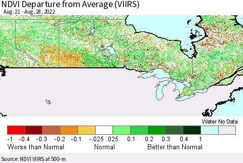 Canada NDVI Departure from Average (VIIRS) Thematic Map For 8/21/2022 - 8/28/2022