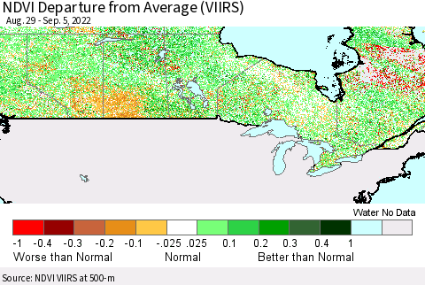 Canada NDVI Departure from Average (VIIRS) Thematic Map For 8/29/2022 - 9/5/2022