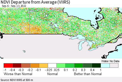 Canada NDVI Departure from Average (VIIRS) Thematic Map For 9/6/2022 - 9/13/2022