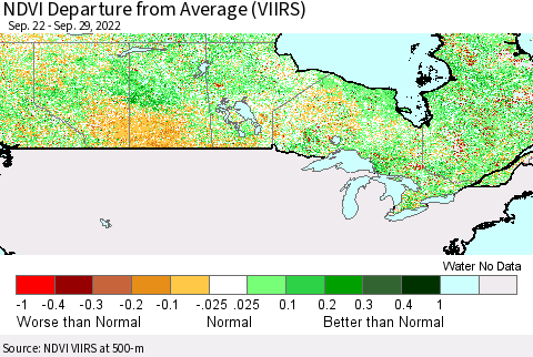 Canada NDVI Departure from Average (VIIRS) Thematic Map For 9/22/2022 - 9/29/2022