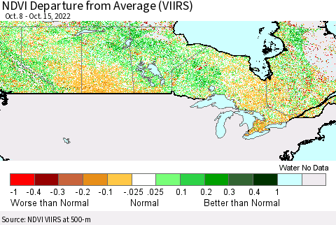 Canada NDVI Departure from Average (VIIRS) Thematic Map For 10/8/2022 - 10/15/2022