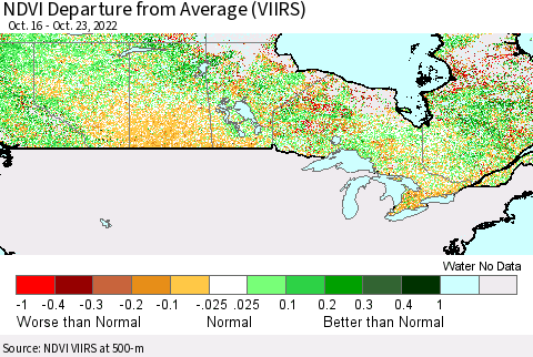 Canada NDVI Departure from Average (VIIRS) Thematic Map For 10/16/2022 - 10/23/2022