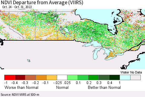 Canada NDVI Departure from Average (VIIRS) Thematic Map For 10/24/2022 - 10/31/2022