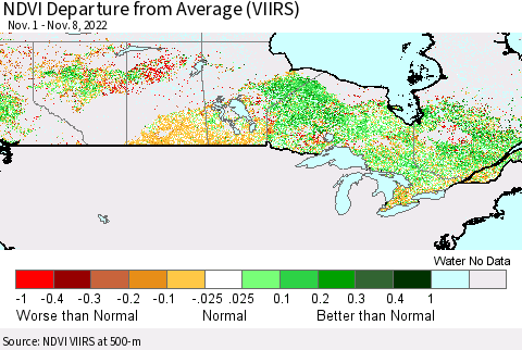 Canada NDVI Departure from Average (VIIRS) Thematic Map For 11/1/2022 - 11/8/2022