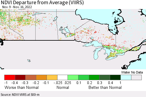 Canada NDVI Departure from Average (VIIRS) Thematic Map For 11/9/2022 - 11/16/2022
