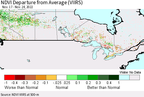 Canada NDVI Departure from Average (VIIRS) Thematic Map For 11/17/2022 - 11/24/2022