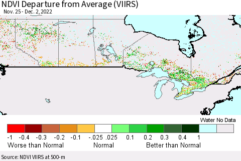Canada NDVI Departure from Average (VIIRS) Thematic Map For 11/25/2022 - 12/2/2022