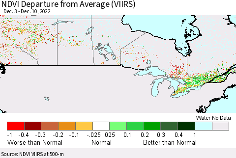 Canada NDVI Departure from Average (VIIRS) Thematic Map For 12/3/2022 - 12/10/2022