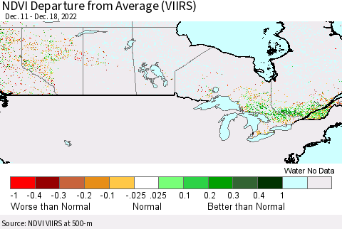 Canada NDVI Departure from Average (VIIRS) Thematic Map For 12/11/2022 - 12/18/2022