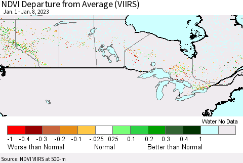 Canada NDVI Departure from Average (VIIRS) Thematic Map For 1/1/2023 - 1/8/2023
