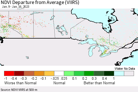 Canada NDVI Departure from Average (VIIRS) Thematic Map For 1/9/2023 - 1/16/2023