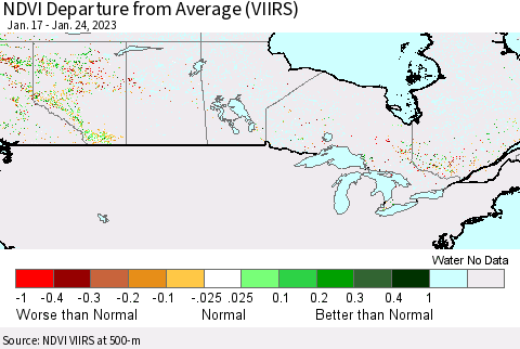 Canada NDVI Departure from Average (VIIRS) Thematic Map For 1/17/2023 - 1/24/2023