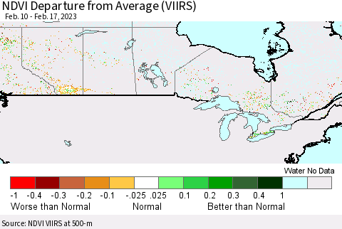 Canada NDVI Departure from Average (VIIRS) Thematic Map For 2/10/2023 - 2/17/2023