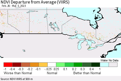 Canada NDVI Departure from Average (VIIRS) Thematic Map For 2/26/2023 - 3/5/2023