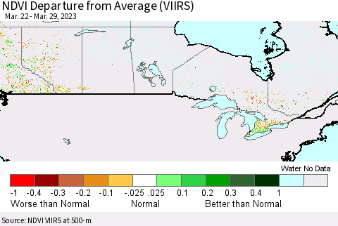 Canada NDVI Departure from Average (VIIRS) Thematic Map For 3/22/2023 - 3/29/2023