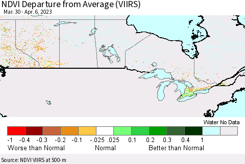 Canada NDVI Departure from Average (VIIRS) Thematic Map For 3/30/2023 - 4/6/2023