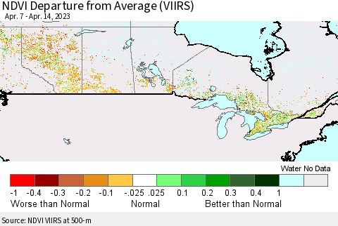 Canada NDVI Departure from Average (VIIRS) Thematic Map For 4/7/2023 - 4/14/2023