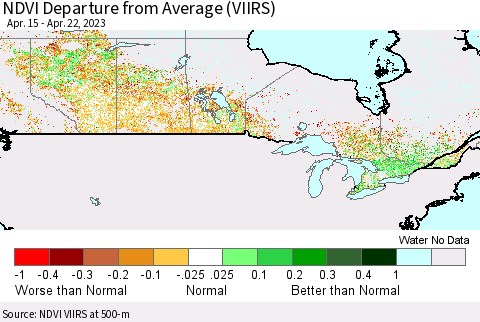 Canada NDVI Departure from Average (VIIRS) Thematic Map For 4/15/2023 - 4/22/2023
