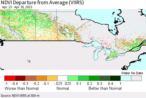 Canada NDVI Departure from Average (VIIRS) Thematic Map For 4/23/2023 - 4/30/2023