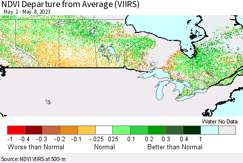 Canada NDVI Departure from Average (VIIRS) Thematic Map For 5/1/2023 - 5/8/2023
