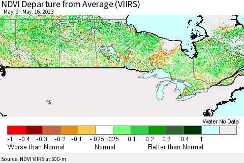 Canada NDVI Departure from Average (VIIRS) Thematic Map For 5/9/2023 - 5/16/2023