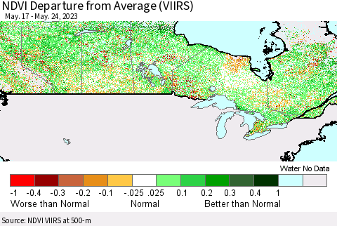 Canada NDVI Departure from Average (VIIRS) Thematic Map For 5/17/2023 - 5/24/2023