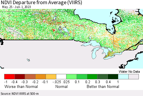 Canada NDVI Departure from Average (VIIRS) Thematic Map For 5/25/2023 - 6/1/2023
