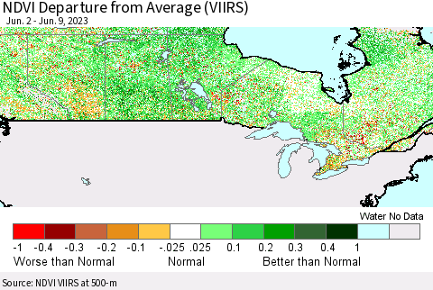 Canada NDVI Departure from Average (VIIRS) Thematic Map For 6/2/2023 - 6/9/2023