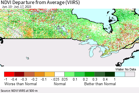 Canada NDVI Departure from Average (VIIRS) Thematic Map For 6/10/2023 - 6/17/2023