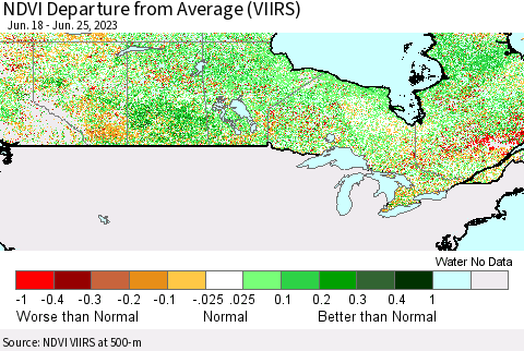Canada NDVI Departure from Average (VIIRS) Thematic Map For 6/18/2023 - 6/25/2023