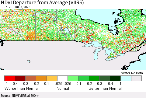 Canada NDVI Departure from Average (VIIRS) Thematic Map For 6/26/2023 - 7/3/2023