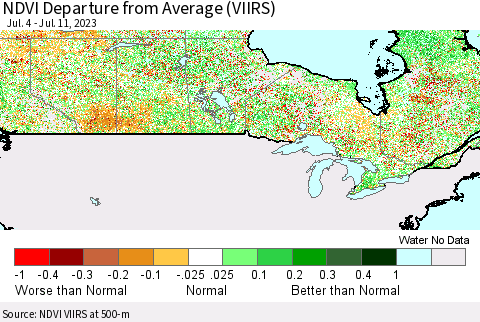 Canada NDVI Departure from Average (VIIRS) Thematic Map For 7/4/2023 - 7/11/2023