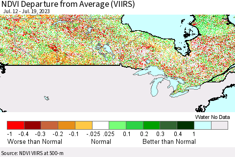 Canada NDVI Departure from Average (VIIRS) Thematic Map For 7/12/2023 - 7/19/2023