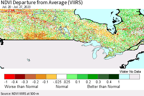 Canada NDVI Departure from Average (VIIRS) Thematic Map For 7/20/2023 - 7/27/2023