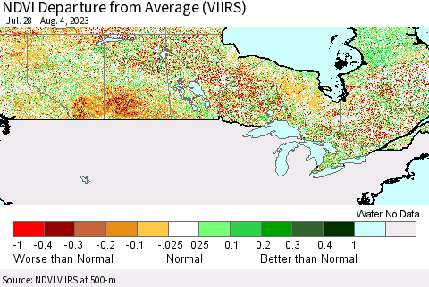 Canada NDVI Departure from Average (VIIRS) Thematic Map For 7/28/2023 - 8/4/2023