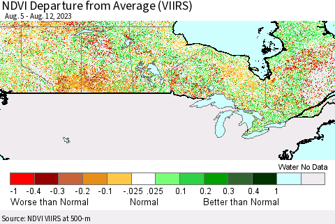 Canada NDVI Departure from Average (VIIRS) Thematic Map For 8/5/2023 - 8/12/2023